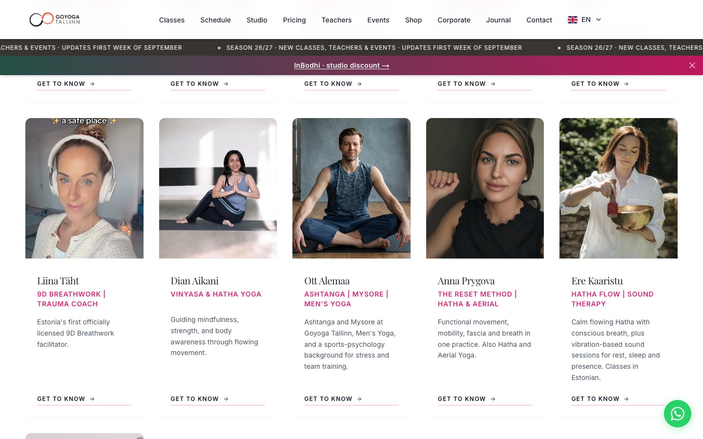 GoYoga Tallinna õpetajate sektsiooni ekraanipilt stuudio õpetajate meeskonnaga